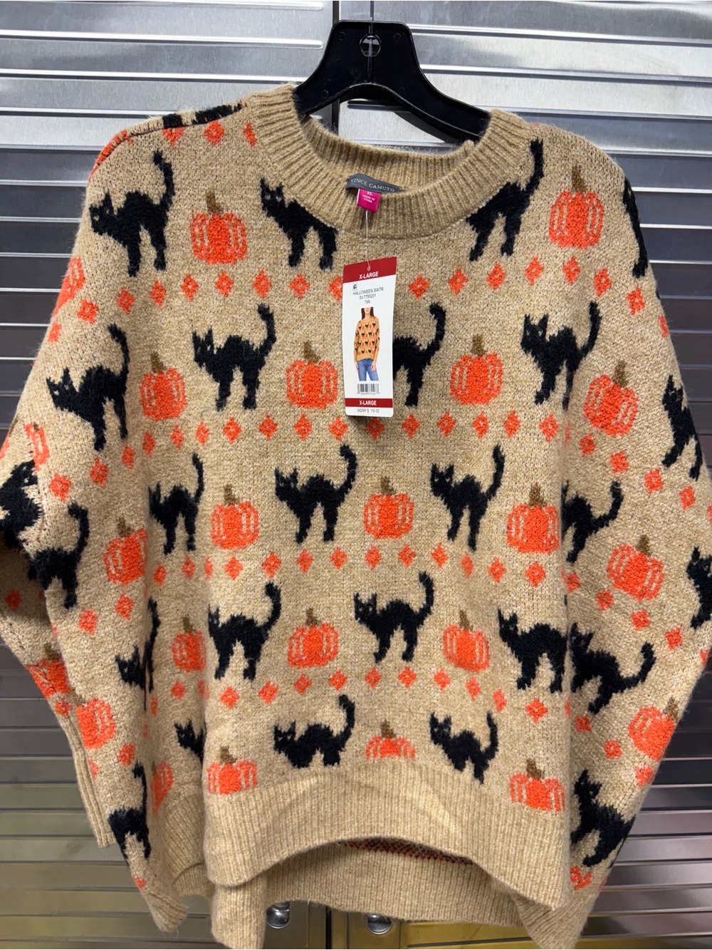 Cozy Tan Halloween Pullover Sweater with Black Cat & Orange Pumpkin